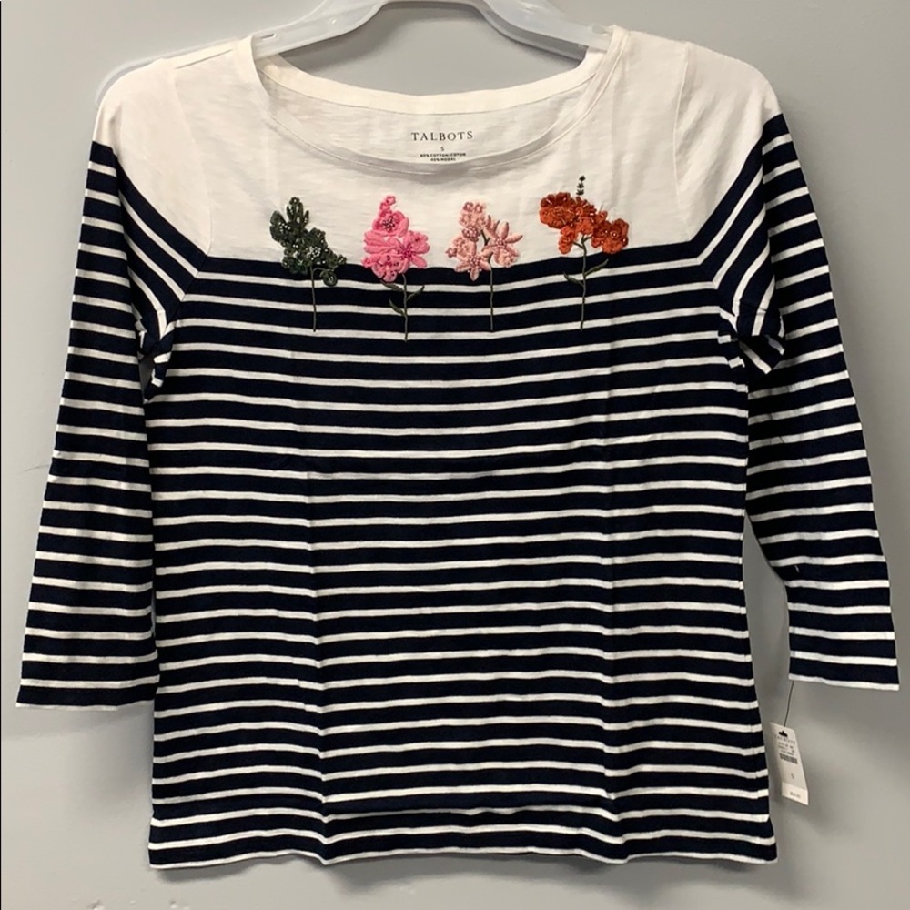 Talbots Navy and White Striped Top with Floral Embroidery L